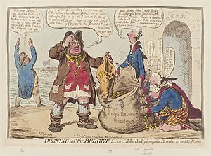 Cartoon of John Bull giving his breeches to save his bacon