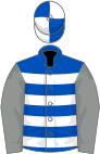 Royal blue and white hoops, grey sleeves, royal blue and white quartered cap