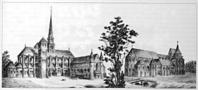 De collegiale kerk met zijn klokkentoren en spits op het kruispunt van de dwarsbeuken, anoniem houtskool uit de 17e eeuw, museum van Troyes.