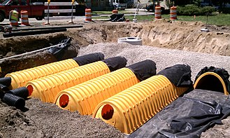 A stormwater detention system during installation beneath a parking lot Parking lot stormwater detention system.jpg