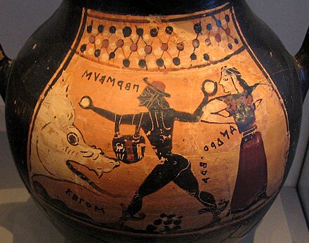 Perseus rescuing Andromeda from Cetus, depicted on an amphora in the Altes Museum, Berlin