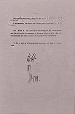 Texte tapé à la machine et parafé de la signature « B. M. ».