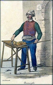 A Pizzajolo ("pizza baker") in Naples, ca. 1830 Pizzaiolo-1830.jpg