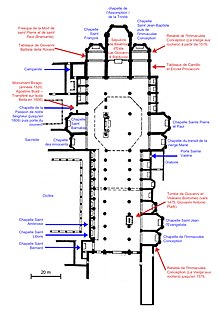 Architectural drawing of the church with the names of its different parts.