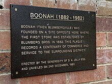 Plaque celebrating the centenary (1882-1982) of Boonah, 2020 Plaque commemorating the centenary (1882-1982) of Boonah (formerly Blumbergville), 2020.jpg