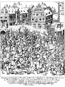 Plundering of the Frankfurt Jewish ghetto in August 1614 Pluenderung der Judengasse 1614.png