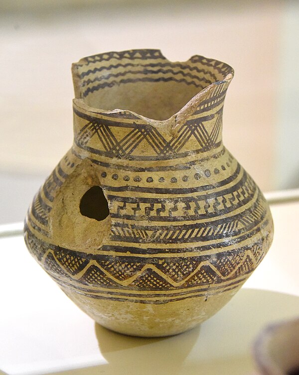 Jar decorated with diverse geometric patterns; 4900-4300 BC; ceramic; by Halaf culture; Erbil Civilization Museum (Erbil, Iraq)