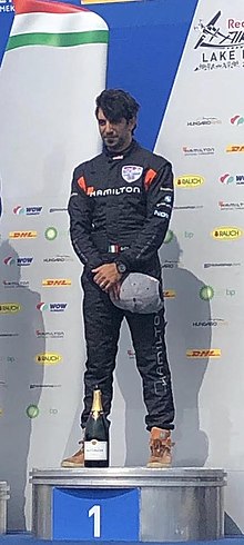 Dario Costa winning the Red Bull Air Race Challenger Cup in Lake Balaton, 2019 Race pilot Dario Costa podium.jpg