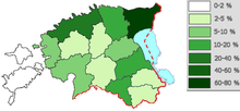 Grafikkarte von Estland mit verschiedenen Grüntönen, die in der Legende von 0 bis 80 % die russischsprachige Bevölkerung auflisten.