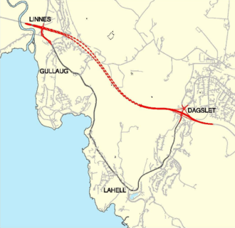 Lahell is located on RV23 between Dagslett and Gullaug Rv 23 Dagslet-Linnes.png