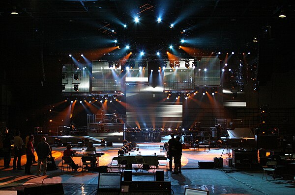 The stage being set up before showtime.