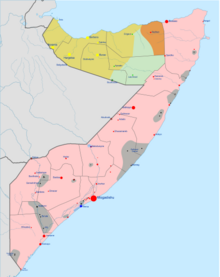 Somali civil war map, showing control of the land by warring factions. Somali Civil War (2009-present).png