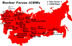 US Department of Defense map of the Soviet Strategic Rocket Forces ICBM silos and bases in the 1980s. Soviet Military Power ICBM map.gif