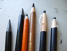 Two "woodless" graphite pencils, two charcoal pencils, and two grease pencils Speciality artists pencils 051907.jpg