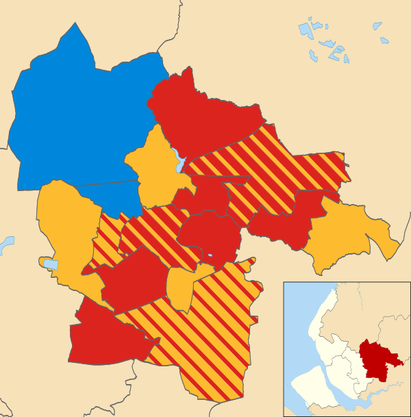 Map of the results of the 2004 St Helens Metropolitan Borough Council election. Labour in red, Liberal Democrats in yellow and Conservatives in blue.