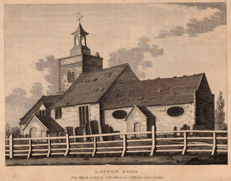 A view of St Mary's published in 1807 before the radical rebuilding work in 1822 transformed the church's appearance. St Mary Leyton 1807.png