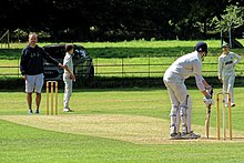 A batsman takes guard Stansted Hall & Elsenham CC v High Roding CC at Elsenham, Essex 011.jpg