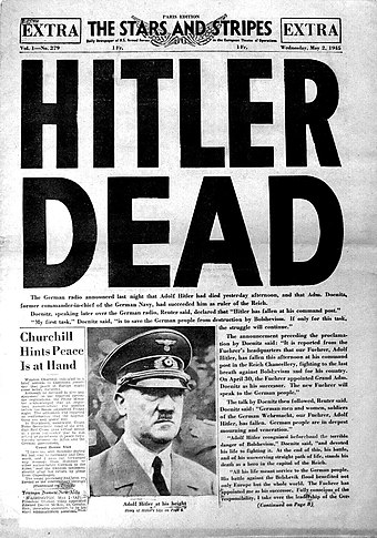 On May 2, 1945, Stars and Stripes announced Hitler's death.
