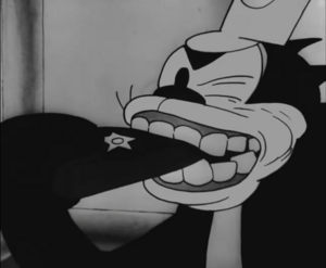 Pete, in the 1928 cartoon Steamboat Willie, biting into a plug of chewing tobacco Steamboat Willie - Pete eating chewing tobacco.png
