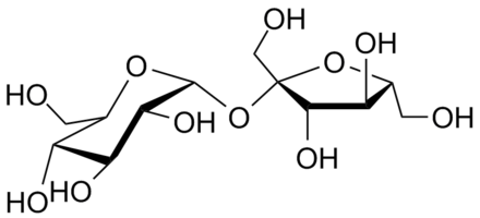 Sucrose, also known as table sugar, is a common disaccharide. It is composed of two monosaccharides: D-glucose (left) and D-fructose (right).