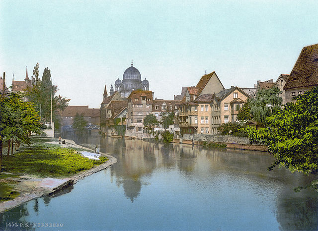 View of the Pegnitz River (c. 1900) with the Grand Synagogue of Nuremberg, destroyed in 1938 during the November pogroms