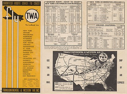 TWA coast-to-coast schedules and route map, September 1933