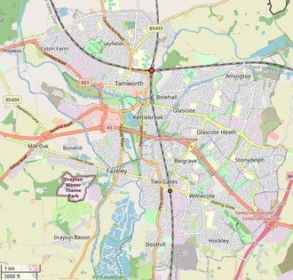 A map of Tamworth and Fazeley