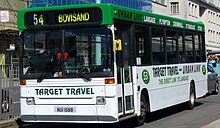 Target Travel high-floor Plaxton Pointer 1 bodied Dennis Dart in Plymouth in July 2010 Target Travel NUI 1588.jpg