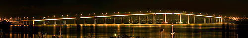 The Tasman Bridge has become an iconic part of the Hobart landscape. Tasman Bridge Night Panorama.jpg