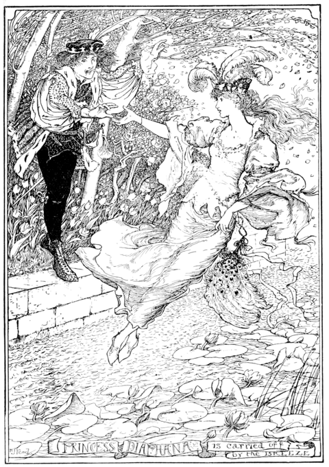 black and white illustration of. Amount man reaching out to a young woman as she is blown away by the wind.