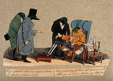 Three leeches in the role of physicians attend a grasshopper in the role of the patient and announce a course of bloodletting Wellcome V0011722.jpg