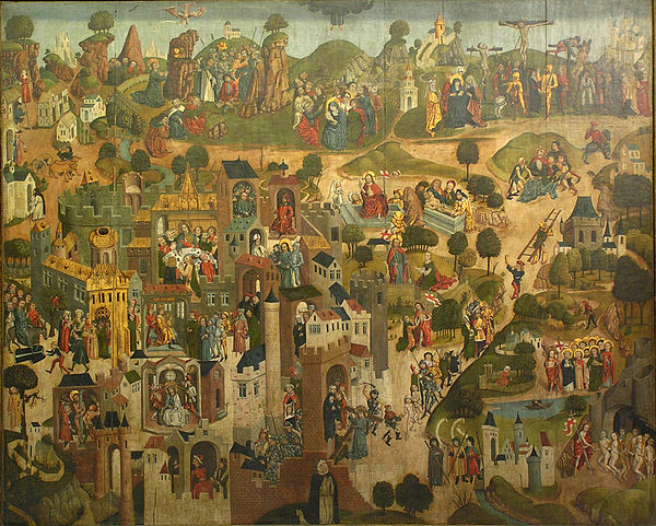 The Passion shown in a number of small scenes, c. 1490, from the Entry into Jerusalem through the Golden Gate (lower left) to the Ascension (centre to