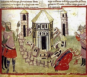 The Goth King Totila razes the walls of Florence during the Gothic War: illumination from the Chigi manuscript of Villani's Cronica. Totila fa dstruggere la citta di Firenze.jpg