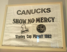 Original towel from game 4 against the Chicago Blackhawks in the 1982 playoffs. Towel Power - Show No Mercy.png