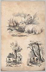 Thumbnail for File:Vignette with two sheep, Vignette with two cows in a pool, and Vignette of a wood-gatherer, in- The New York Drawing Book, Containing a Series of Original Designs and Sketches of American Scenery, No. 2 MET DP860314.jpg