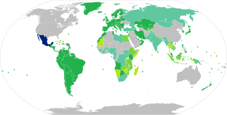 Countries and territories with visa-free or visa on arrival entry for holders of regular Mexican passports
.mw-parser-output .legend{page-break-inside:avoid;break-inside:avoid-column}.mw-parser-output .legend-color{display:inline-block;min-width:1.25em;height:1.25em;line-height:1.25;margin:1px 0;text-align:center;border:1px solid black;background-color:transparent;color:black}.mw-parser-output .legend-text{}
Mexico
Visa free access
Visa on arrival
eVisa
Visa available both on arrival or online
Visa required Visa requirements for Mexican citizens.svg
