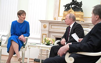 Estonian President Kersti Kaljulaid with Russian President Vladimir Putin in April 2019 Vladimir Putin and Kersti Kaljulaid (2019-04-18) 02.jpg