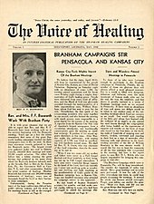 The front page of the Voice of Healing magazine with headline stating; "Branham Campaign stirs Pensacola and Kansas City"