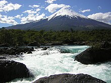 Osorno Volcano and the Petrohue River Volcano Osorno and Petrohue waterfalls.JPG