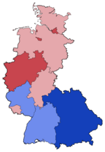 West Germany's north/south election day split SPD (red, pink) and CDU/CSU (blue, light blue) West German Federal Election - Party list vote results by state - 1972.png