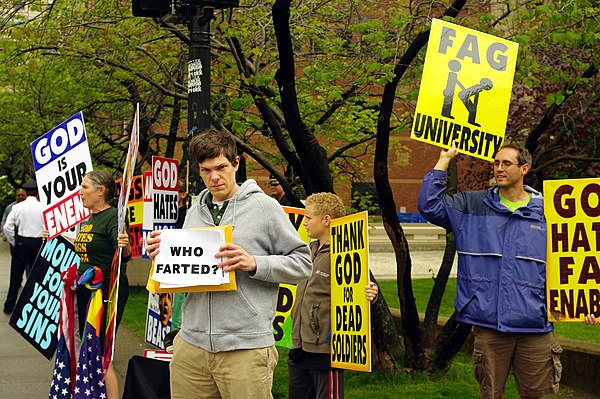 Counter-protester standing in front of WBC at Brown University in May 2009