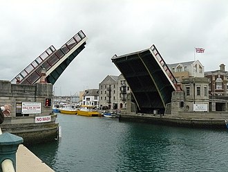 The bridge being raised. Weymouth - Harbour Bridge - geograph.org.uk - 1007800.jpg