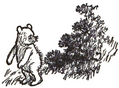 Winnie-the-Pooh looking over his shoulder at a bush
