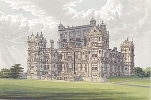 Wollaton Hall near the Southern terminus of the Wollaton Wagonway Wollaton Hall from Morriss Seats of Noblemen and Gentlemen (1880).JPG