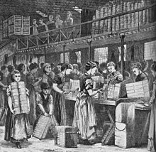 1871 illustration of women working in a London match factory Women working in a match factory.jpg