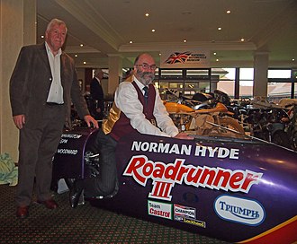 Norman Hyde on his Roadrunner sidecar outfit at the National Motorcycle Museum Woodward-hyde-roadrunner.jpg