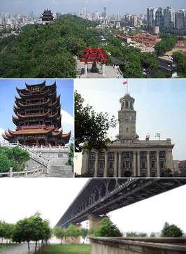 Een collage van WuhanVan boven naar beneden en van links naar rechts: de skyline van Wuhan, de Huanghelou, het douanekantoor van Wuhan en de Wuhan-Yangtze-brug in Wuhan over de Jangtsekiang