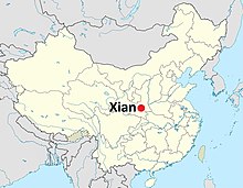 Landakort sem sýnir legu Xian borg í Shaanxi héraði í norðvesturhluta Kína.
