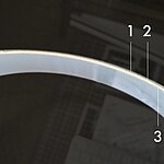 Ringarnas överfångsglas med tre skikt. 1) Yttre klarglas, 2) opalglas och 3) inre mycket tunt klarglas för att minska absorptionsförluster.