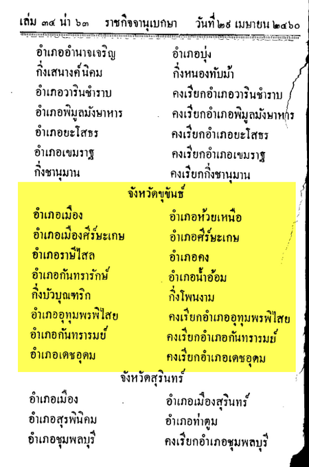 ไฟล์:ราชกิจจานุเบกษา_ประกาศเรื่องเปลี่ยนชื่ออำเภอ_พ.ศ._2460_เน้นจังหวัดขุขันธ์(2).png